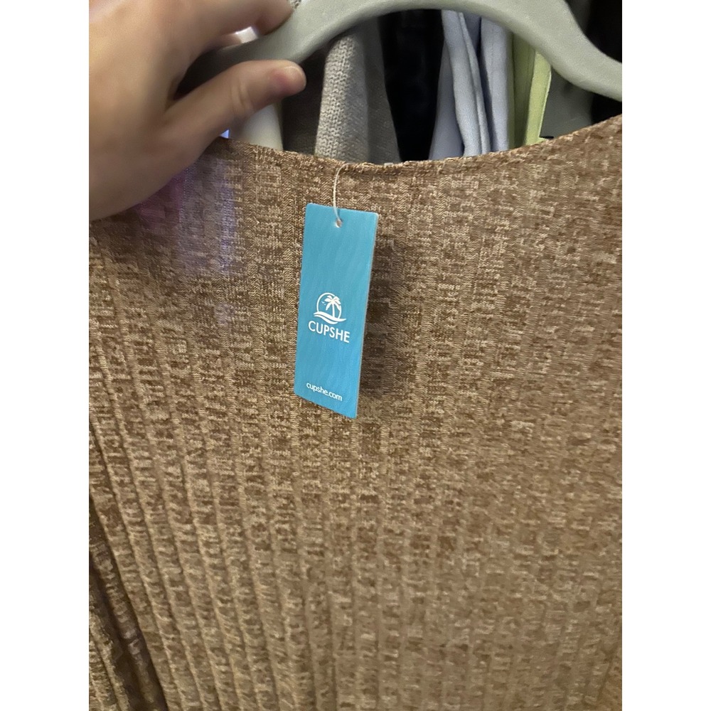 Cupshe Tan Brown Ribbed Knit V-Neck Tiered Ruffle Mini Dress XL - Picture 7 of 7